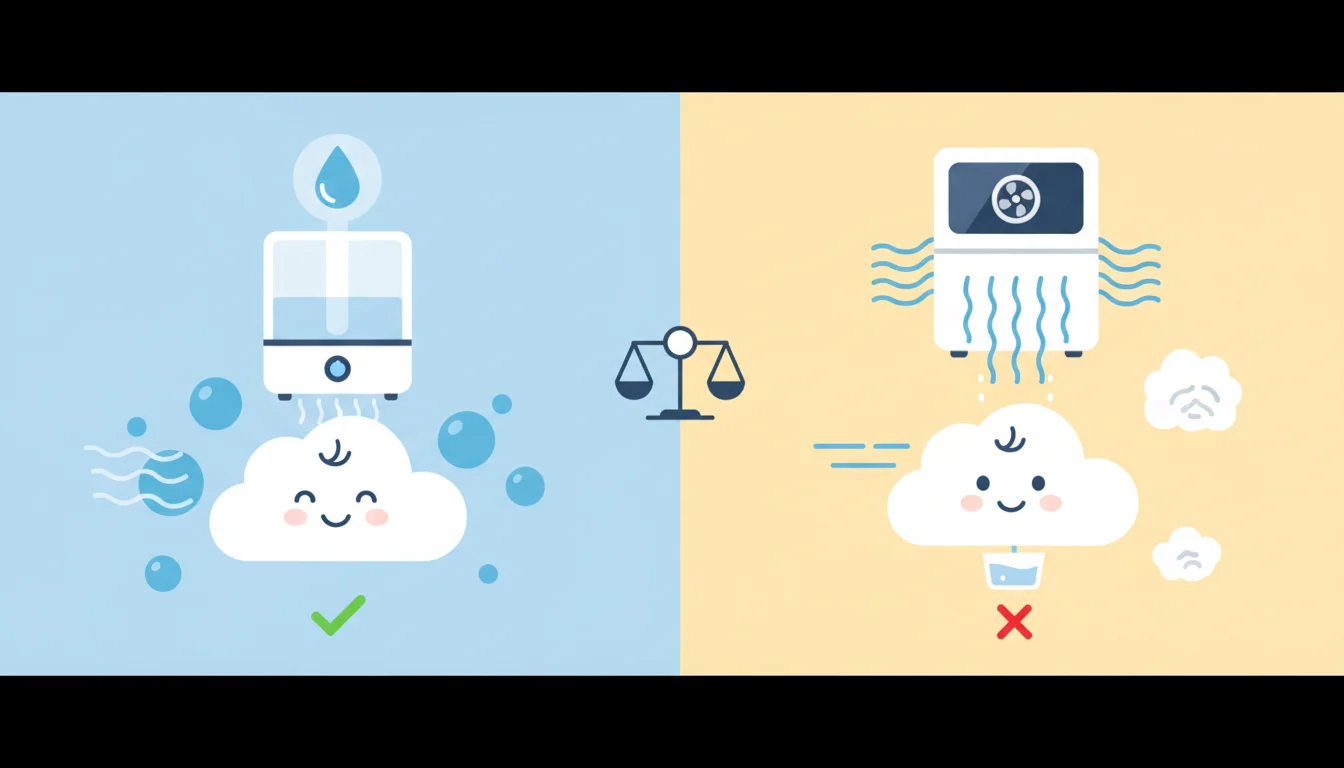 Illustration showing humidifier vs dehumidifier for baby concept