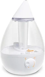 Crane White Teardrop Ultrasonic Cool Mist Humidifier, 1 Gallon Auto Shut-Off for Large Room, Baby Nursery, Bedroom Office, Clear & White
