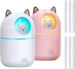 Small Humidifier Cute Portable Cool Mist Humidifier with 6 Pcs Humidifier Sticks 7 Color Night Light USB Air Humidifier for Bedroom Office Desk Car Travel (Pink+White+6 Filter Cotton Sticks)
